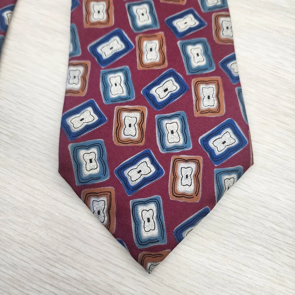 Christian Dior Monsieur Silk Tie‎ Woven in Italy Geometric Pattern Burgundy Blue